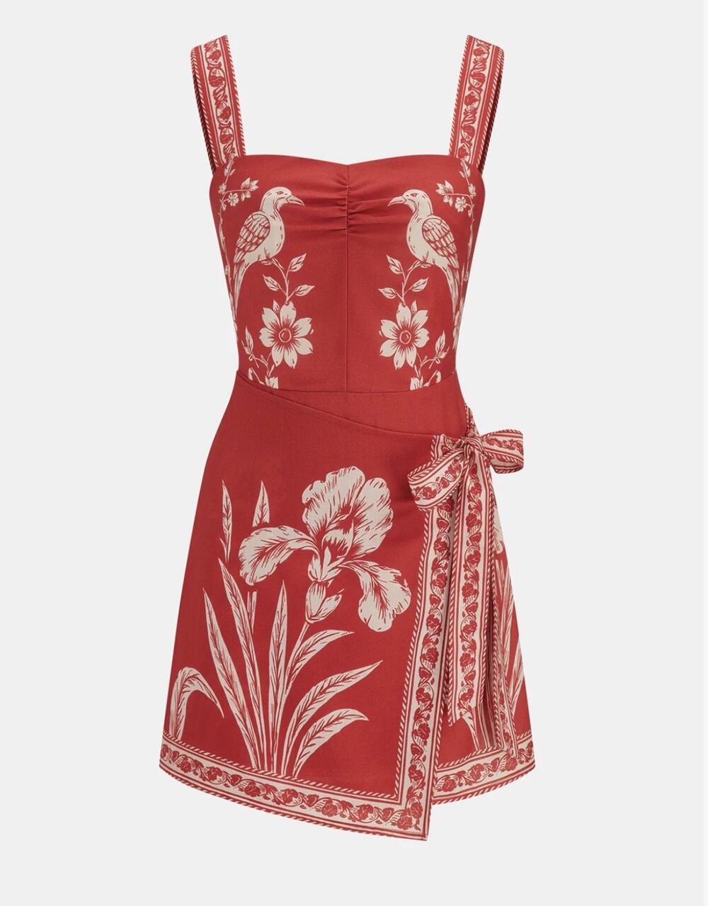 NWT Commense Floral Bird Print Wrap Tie Mini Dress Red White Size Small